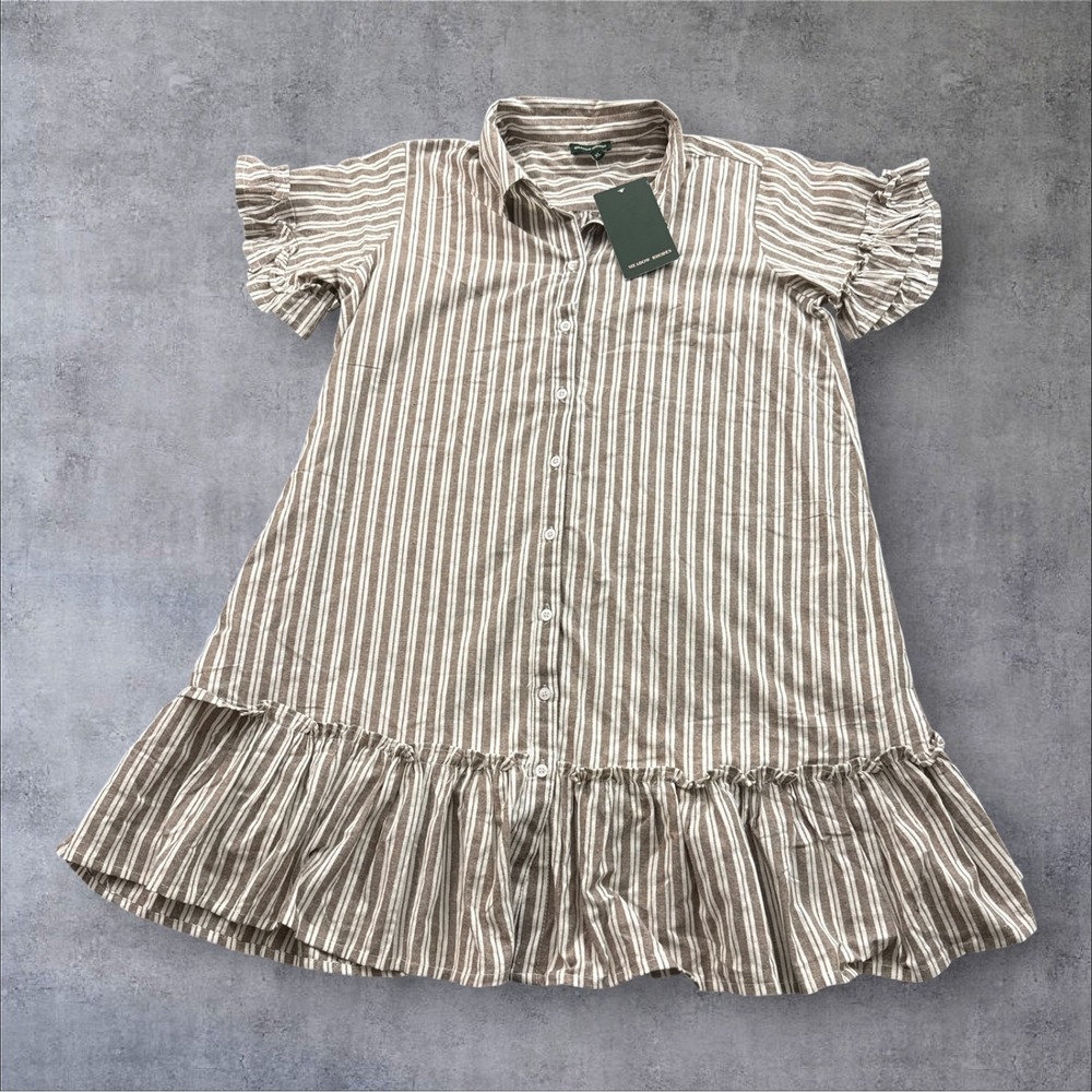Meadow Rhodes Shirt Dress Womens XL Brown Striped Ruffle Sleeve Button Down